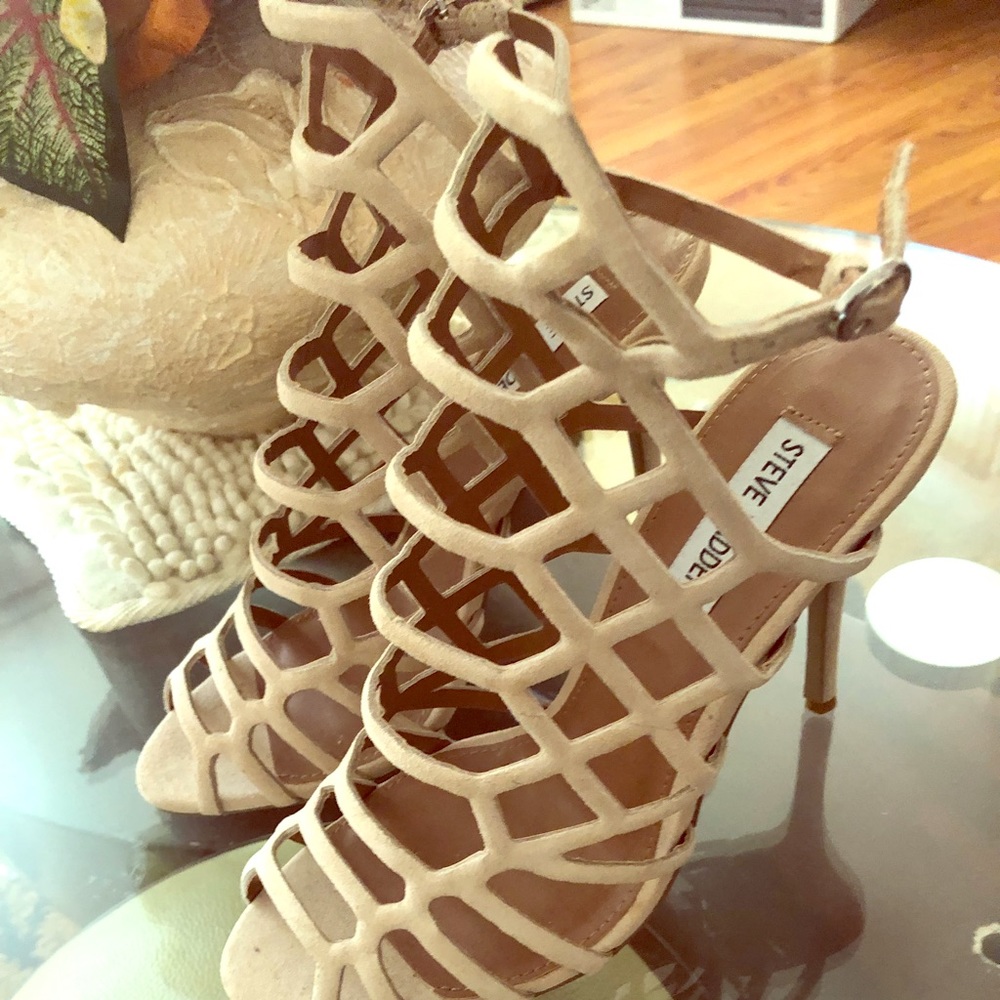 Steve Madden nude ankle strap high heels.